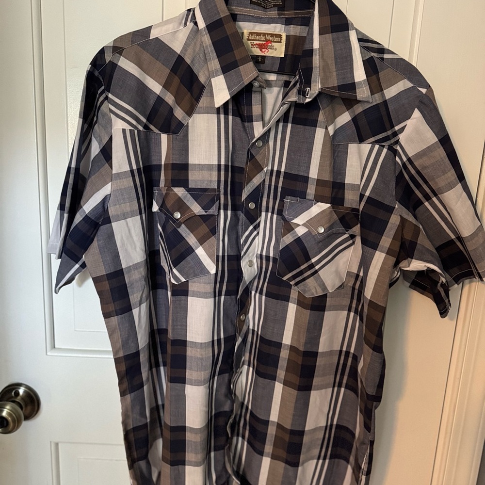 Men's Plaid Button-Down Shirt - Blue and Brown Sz L Western Cowboy Office Casual